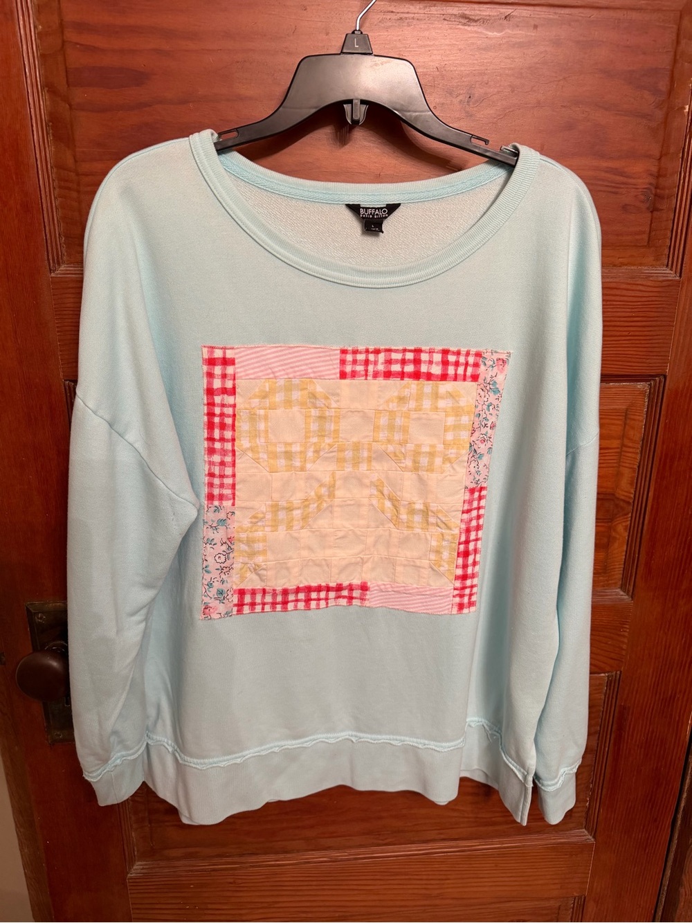 Buffalo David Bitton Light Blue Crewneck Sweater with Pink & Yellow Patchwork